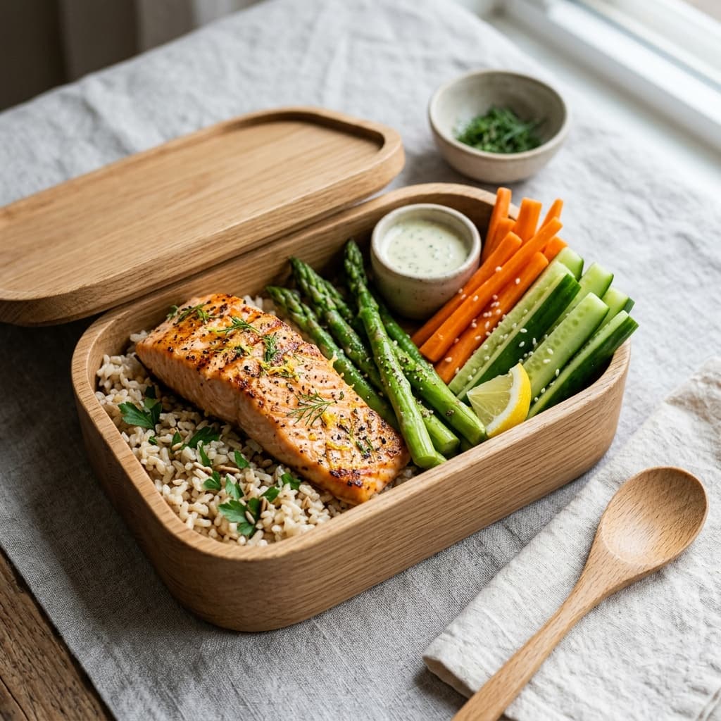 A balanced everyday meal prepared fresh at Café Serenity — clean grains, vegetables, and lean protein