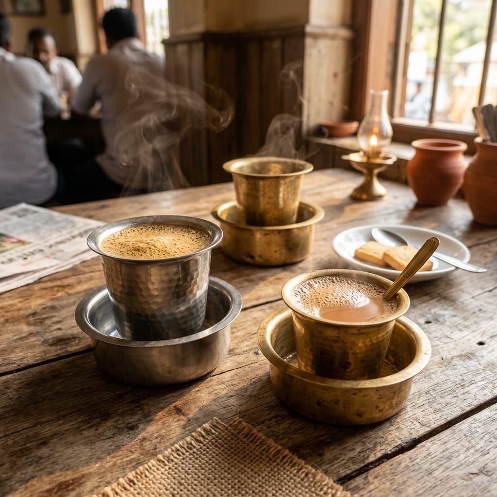 Steaming glass of authentic Kerala filter coffee served fresh at Café Serenity, Kakkanad