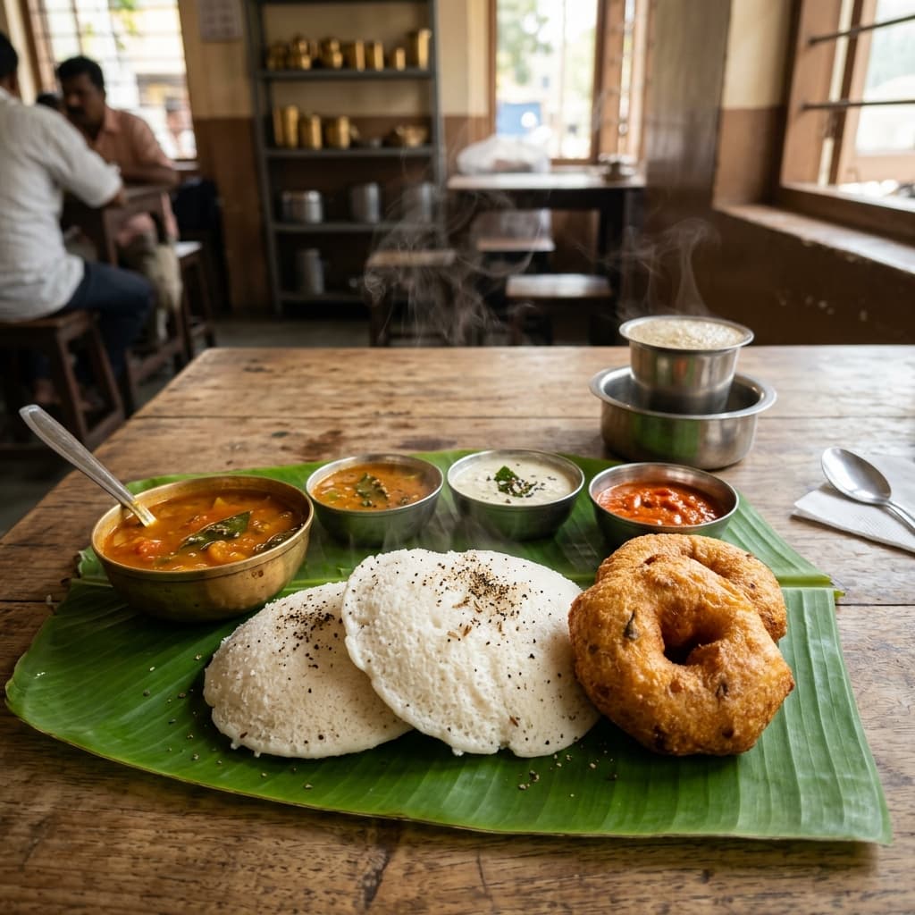 Freshly prepared South Indian breakfast — steaming idli, crispy vada and sambar served warm at Café Serenity, Kakkanad