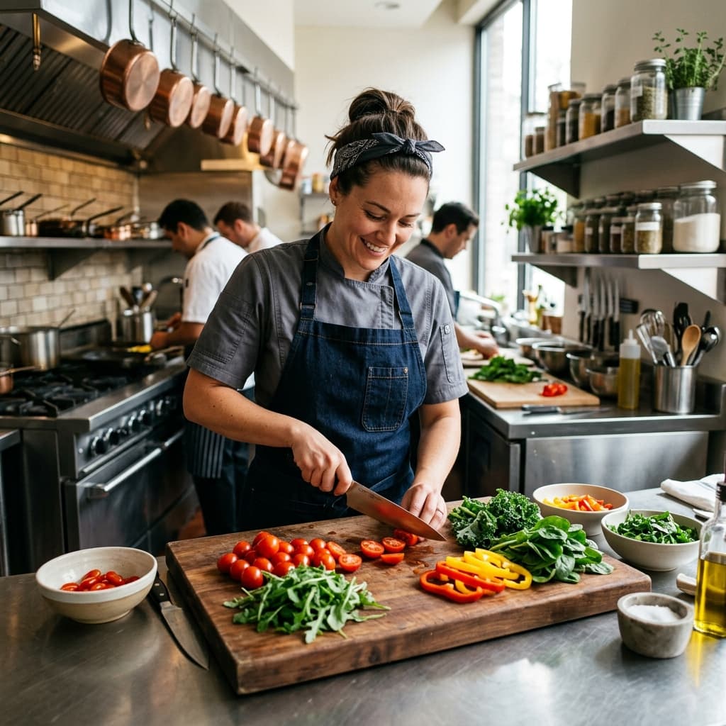 Daily kitchen preparation showcasing fresh ingredients and clean, authentic cooking standards at Café Serenity